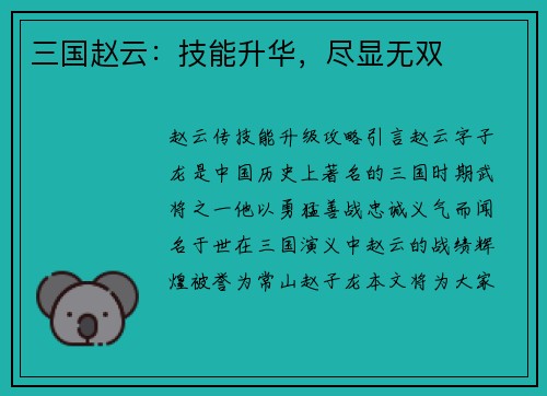 三国赵云：技能升华，尽显无双